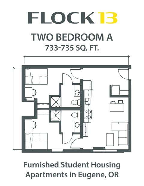 Floor plan for 2 beds, 2 baths, 735 sqft